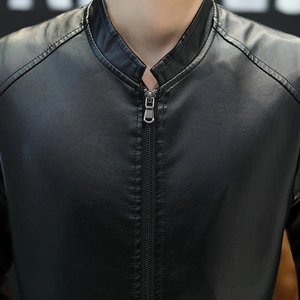 Men's black PU leather motorcycle jacket with stand collar and metallic front zipper