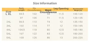 Tableau des tailles pour pantalon décontracté en coton pour hommes du L au 6XL