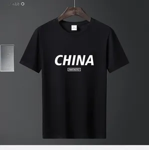 Detail of black cotton T-shirt featuring white CHINA text and FANTASTIC print on chest