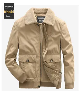 Detailed front view of khaki winter jacket with faux shearling collar and embroidery