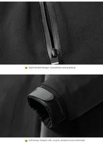 Detail of waterproof zipper pocket and adjustable velcro cuffs on black hooded jacket