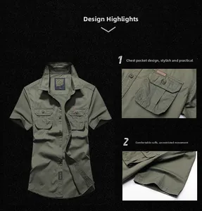 Detail of army green cotton work shirt showing chest pockets and reinforced stitching