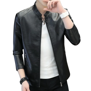 Men's black PU leather biker jacket with stand collar and decorative metal zippers