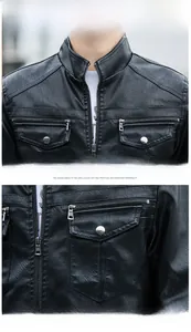 Detail view of men's black faux leather jacket featuring stand collar and zipper pockets
