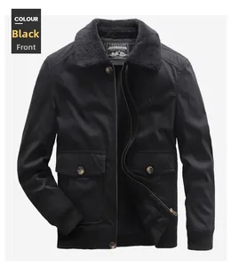 Detail of men's black jacket featuring plush collar and large pockets with metal zipper