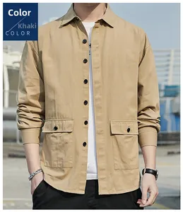 Detail of khaki cargo shirt featuring large flap pockets and urban casual styling