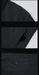 Detail view of black jacket showing reinforced shoulders, side pockets and snap buttons