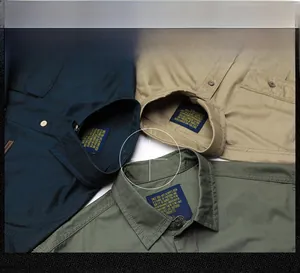 Detail of multi-color cotton work shirt collars showing stitching and crisp texture