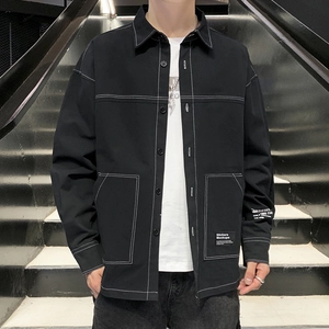 Men's Casual Cotton Long Sleeve Shirt Contrast Stitching Slim Fit Turn-down Collar Utility Work Shirt Fashion Youth Top