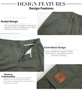 Detailed close-up of army green cotton shorts featuring reinforced stitching and logo patch