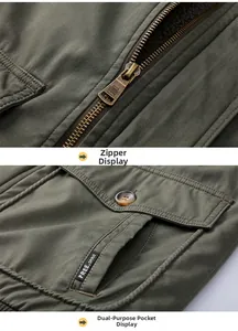 Detail of vintage metal zipper and functional flap pocket on green thermal jacket