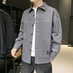 Slim fit dark grey long sleeve shirt with white contrast stitching and chest pocket detail