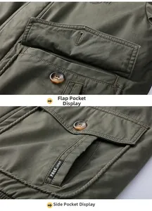 Detail view of military green cotton jacket with multi-pocket design and flap button closure