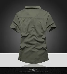 Army green back view of a men's short sleeve cotton shirt featuring a curved hemline