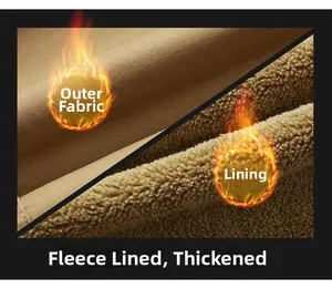 Dettaglio del tessuto di cotone twill marrone e della spessa fodera in pile per giacca invernale