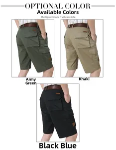Detailed back view of men's cotton cargo shorts in army green, khaki and navy blue