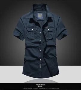 Front view of royal blue cotton work shirt with double chest pockets and lapel collar