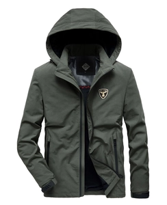 Men's slim fit olive green hooded windbreaker jacket with zip pockets and eagle embroidery
