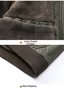 Detail of olive green jacket featuring faux lamb wool lining and ribbed hemline