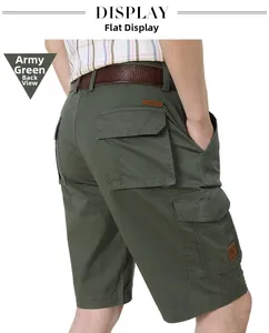 Rear view detail of army green men's cotton cargo shorts with pocket and leather logo
