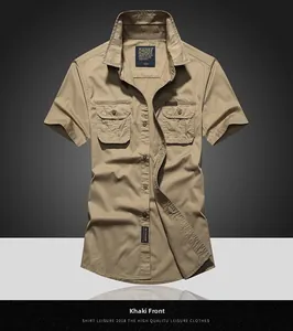 Close-up of khaki cotton cargo shirt featuring dual chest flap pockets and lapel collar