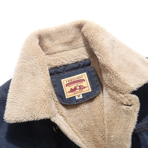Men's dark blue denim winter jacket with thick sherpa fleece collar and button detail