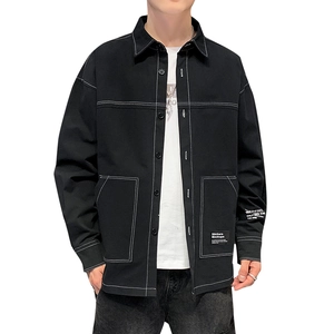 Men's slim fit black long sleeve shirt with white contrast stitching and patches