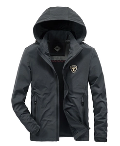 Men's charcoal grey hooded slim fit casual jacket with embroidered eagle brand patch