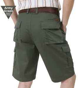 Rear view of men's army green cotton cargo shorts showing large pockets and seams