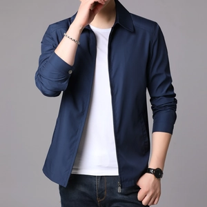 Classic dark blue business casual men's jacket with turn-down collar and zip closure