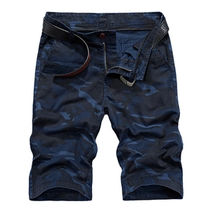 Men's breathable navy camo cotton shorts with stylish black leather belt detail