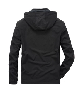 Men's casual black hooded jacket with windproof fabric and elastic cuffs, back view