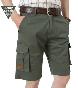 Detail of army green cargo shorts featuring freedom patch and durable cotton texture