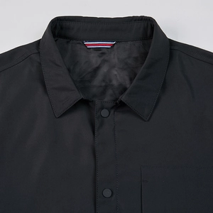 Men's casual black jacket with stand collar and signature tricolor neck ribbon detail