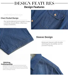 Détails de la chemise en jean avec poches à rabat, poignets boutonnés et doubles coutures solides