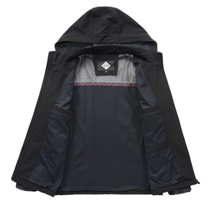 Men's casual black hooded jacket with full zipper and grey mesh lining for autumn wear