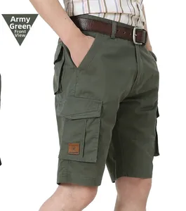 Detail of army green cargo shorts showing durable cotton fabric and Freedom leather label