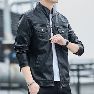 Men's slim fit black faux leather jacket with stand collar and metallic pocket details