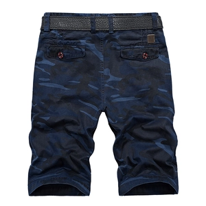 Men's navy blue camouflage cargo shorts with black belt and multi-pocket design