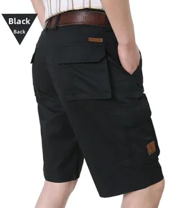 Detailed back view of men's dark blue cargo shorts with leather belt and large side pockets