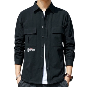 Men's black cotton work shirt with double chest pockets and stylish letter print