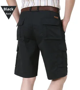 Rear view of dark blue cargo shorts for men with flap pockets and brown leather belt detail
