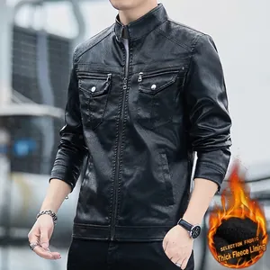 Men's slim fit black PU leather motorcycle jacket with warm fleece lining and stand collar