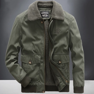 Men's Casual Sherpa Lined Jacket Winter Warm Fleece Padded Cargo Coat Vintage Embroidery Windproof Cotton Outerwear For Men