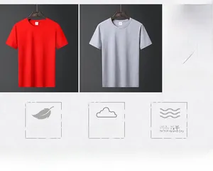 Detail view of red and light grey crew neck t-shirts in soft breathable ice cotton