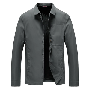 Men's dark gray casual jacket with stylish stand collar and functional snap buttons