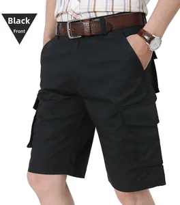 Men's navy cargo shorts featuring large flap pockets and a classic cotton canvas finish