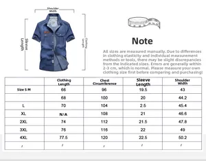 Tableau détaillé des tailles pour chemise en jean homme du S au 4XL avec mesures