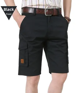 Front view of men's navy cargo shorts with tactical side pockets and casual cotton texture