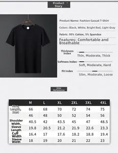 Detailed size chart for men's cotton short sleeve T-shirt with measurements in M to 4XL